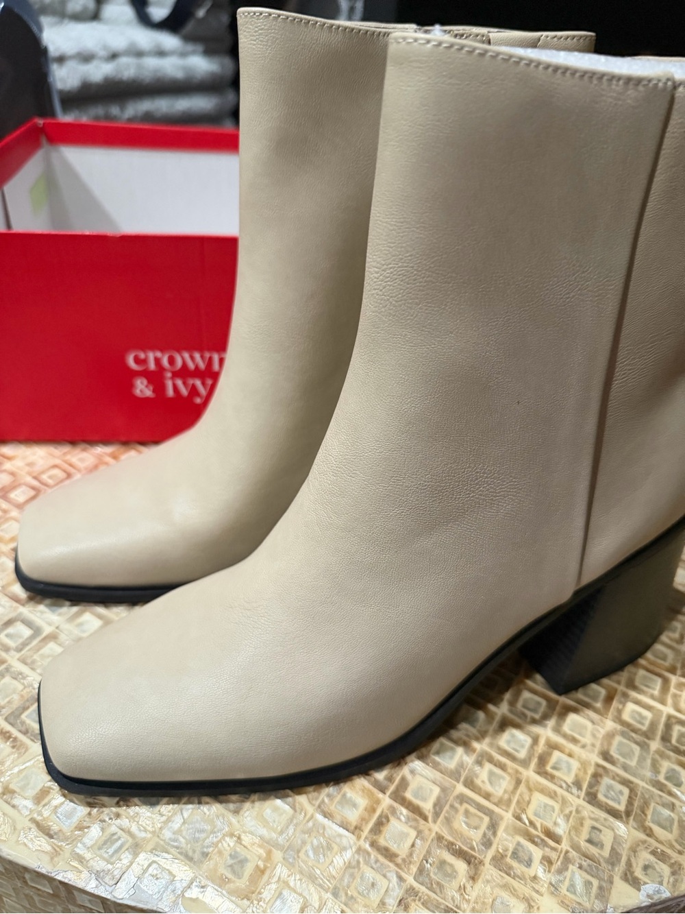 crown & ivy Cream Square-Toe Block Heel Ankle Boots.  NEW!!!!!
